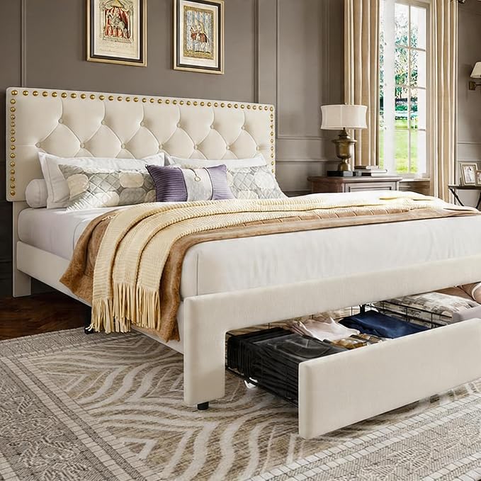 GarveeHome King Size Bed Frame with Storage Drawers — Velvet Upholstered Platform Bed with Vintage Headboard, Wooden Slat Support, Noise-Free, No Box Spring Needed, Beige