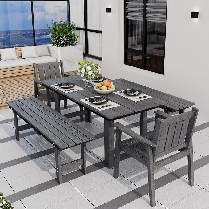 Pamapic 5 PCS Outdoor Dining Set, Spacious HDPE Outdoor Table and Chairs with 2 Bench, Wood Grain Patio Furniture Sets with Elegant Armrest, All-Weather Outdoor Furniture with Umbrella Hole, Gray