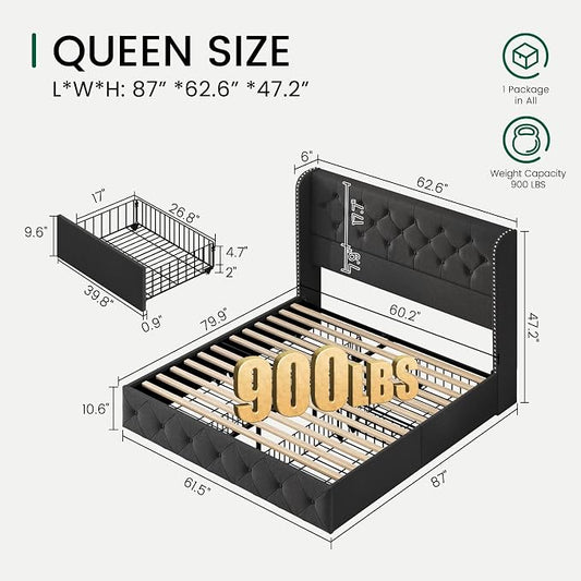 LARMACE Upholstered Queen Size Bed Frame with 4 Storage Drawers and 47.2" Tall Wingback Headboard Tufted Platform Bed Frame Linen Beds with Wooden Slats Support, Easy Assembly, Dark Grey