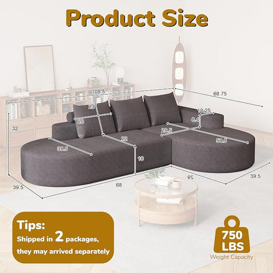 109" Modern Modular Curved L-Shaped Sofa, Chenille Upholstered Sectional Couch Set with 3 Pillows,Free Combination Sofa for Living Room (Grey, 108.5" Left Lounge)