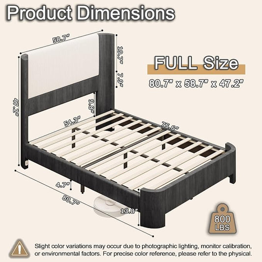 Full Size Upholstered Platform Bed Frame with Wingback Headboard, Motion-Sensing LED Lights, Sturdy Slats, Mattress-Lock Footboard, PU Leather,No Box Spring Needed, Easy Assembly, Dark Grey Oak