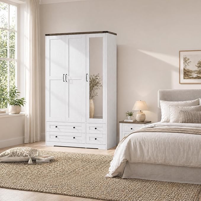 Brafab Armoire Wardrobe Closet with 3 Modern Doors and Mirror, 71" Tall Freestanding Cabinet with 4 Drawers, Hanging Rod, and 4 Shelves, Wooden Storage Organizer for Clothes, Bedroom