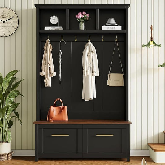 Merax 4-in-1 Hall Tree with Bench, Modern Versatile Multiple Storage Space with 6 Golden Hooks, 2 Drawers, Entryway Coat Rack for Living Room, Hallway, Black