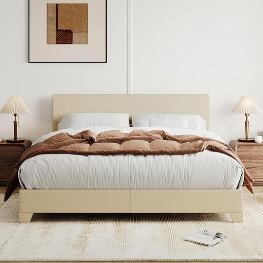Allewie Full Size Bed Frame with Adjustable Headboard, Upholstered Platform Bed with Wood Slats, Heavy Duty Mattress Foundation, No Box Spring Needed, Noise-Free, Easy Assembly, Beige