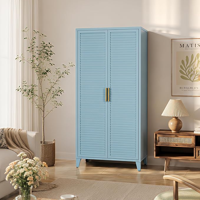 Blue Metal Storage Cabinet with Doors Pantry Cabinet with 3 Adjustable Shelves, 61" Tall Steel Kitchen Storage Locker for Kitchen Living Room Bedroom Home Bathroom