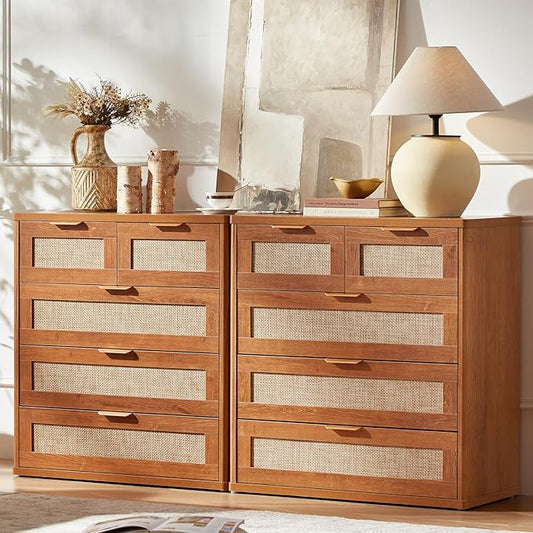 LEYAOYAO Rattan Dresser for Bedroom, 33.5" Tall Chest of Drawers, Modern 5 Drawers Boho Dressers with Storage, Vintage Brown Dresser Wooden Closet Organizer for Living Room, Hallway