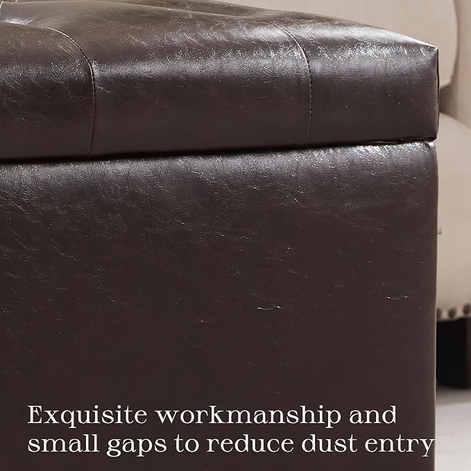 Zihanhome Leather Ottoman with Storage, Upholstered Button Tufted Ottoman Foot Rest, Foot Stools, 24" Rectangle Ottomans with Storage for Living Room, Bedroom, Dorms and Apartments (Brown-PU)
