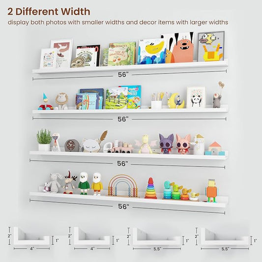Axeman Picture Ledge Shelf | 55 Inch White Floating Shelves Set of 4 | Rustic Wood Wall Shelves with Lip | 55" White Picture Shelves for Wall with Ledge | Photo Shelves