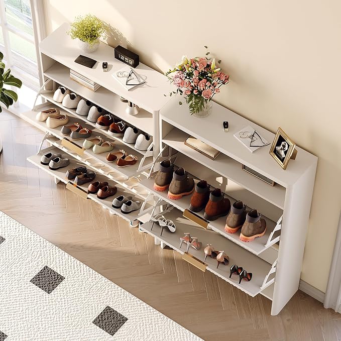 VINGLI White Slim Shoe Cabinet with Curved Edges, Modern Hidden Shoe Storage Organizer with 2 Flip Drawers & Open Shelf, Narrow White Shoe Cupboard with Fluted Panel & Anti-Tip Kit, 32.7" W