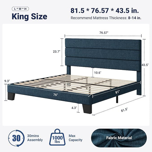 Allewie King Size Platform Bed Frame with Fabric Upholstered Headboard and Wooden Slats Support, Fully Upholstered Mattress Foundation/No Box Spring Needed/Easy Assembly, Navy Blue