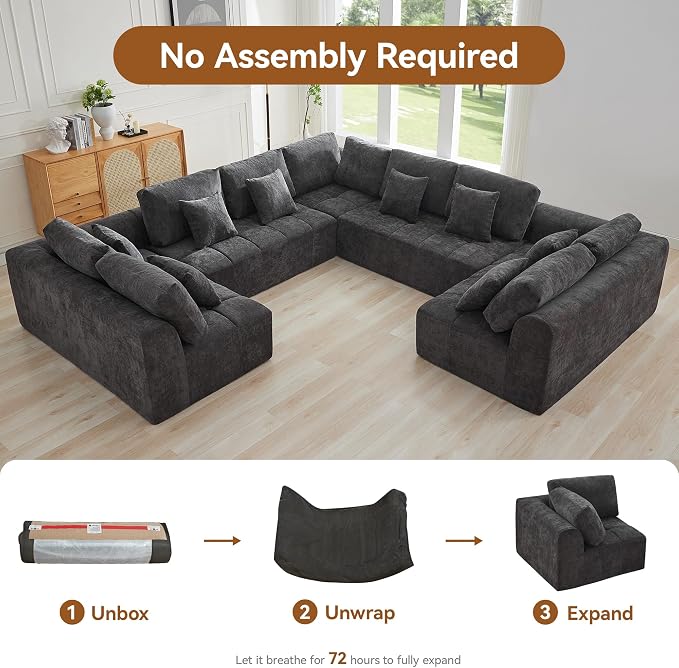 140'' Boneless Modular Couches for Living Room, Compressed Cloud Sectional Modern Sofa, U Shaped 9 Seater Upholstered Memory Foam Oversized Sofa, No Assembly, Chenille Grey