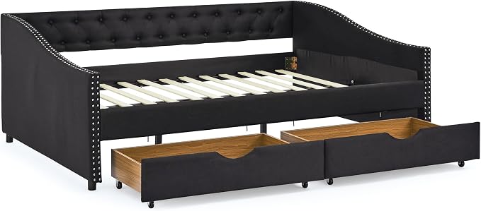 KEIKI Full Size Upholstery Daybed with 2 Drawers and Headboard, Mid-Century Style Tufted Sofa Bed with Button on Back, Easy Assembly, No Box Spring Required, for Living Room and Bedroom, Black