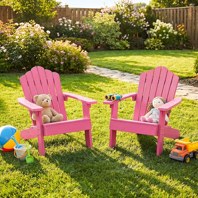 Costzon Kids Adirondack Chair, All-Weather HIPS Toddler Outdoor Chair, Wooden Textured Plastic Fire Pit Chair, Kids Patio Chair for Backyard Lawn Garden, Fits Children Age 3-7 Years (1, Pink)