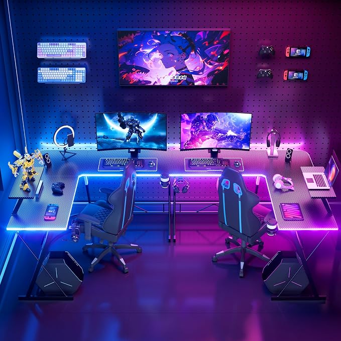 Mr IRONSTONE Gaming Desk with LED Lights, L Shaped Desk Corner with Cup Holder & Headphone Hook, Computer Desk Home Office Desks with Large Monitor Stand, Carbon Fiber Surface, Black 51 Inch