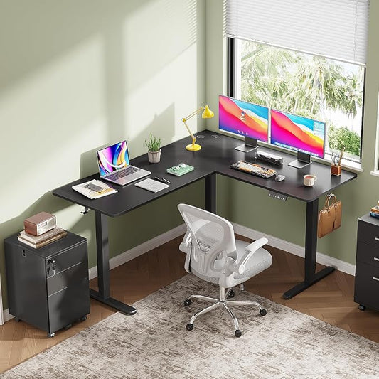 DEVAISE 63 Inch L Shaped Electric Standing Desk, 3 Adjustable Computer Desk for Home Office, Ergonomic Sit to Stand Desk with LED Touchscreen,Headphone Hook, 3 Memory Preset, with Split Top, Maple