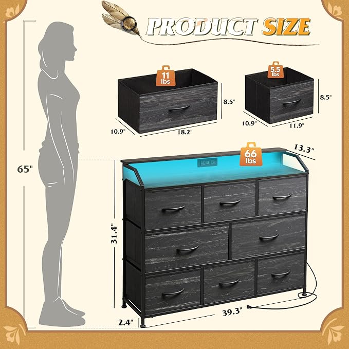 WLIVE Led Dresser for Bedroom, TV Stand for Bedroom with LED Lights and Power Outlet, Wide Chest of Drawers for Hallway, 8 Fabric Drawers for Living Room and Entryway, Charcoal Black Wood Grain Print
