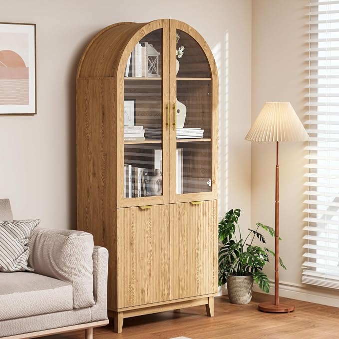 Pamapic 71" Tall Arched Cabinet, Fluted Kitchen Pantry with Glass Doors & Adjustable Shelves, Arch Storage Cabinet, Wooden Pantry for Dining Room, Living Room (Natural)