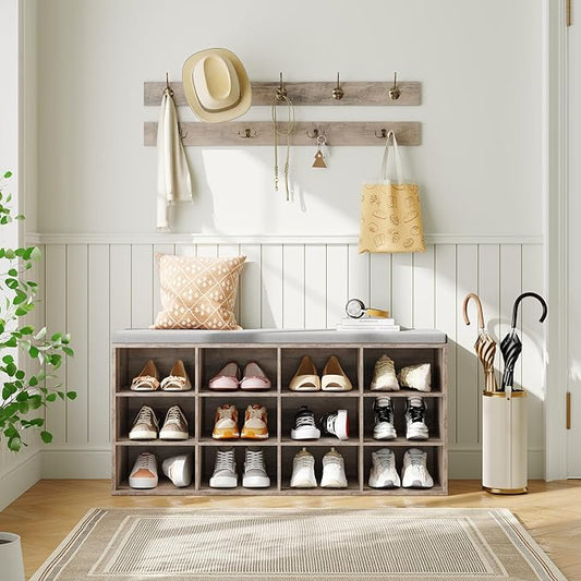 HOOBRO Shoe Storage Bench with Cushion, 39.4" L Entryway Bench with 12 Cubbies, Entryway Hall Tree with Storage, Shoe Cabinet with Coat Rack for Bedroom, Hallway, Holds up to 330 lb, Gray GY112HX01