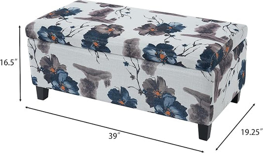 Christopher Knight Home Nesbit Living Room Ottoman with Storage, Entryway Fabric Upholstered Storage Ottoman Bench, Rectangular Sofa Foot Stool, Bedroom End of Bed Bench, Blue Flower+White