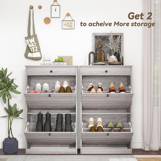 FTZxHKLX Shoe Storage Cabinet with 2 Flip Drawers, Narrow Freestanding Hidden Shoe Rack Cabinet, Pet-Proof Shoe Organizer for Closet, Entryway, Hallway, Wash Grey
