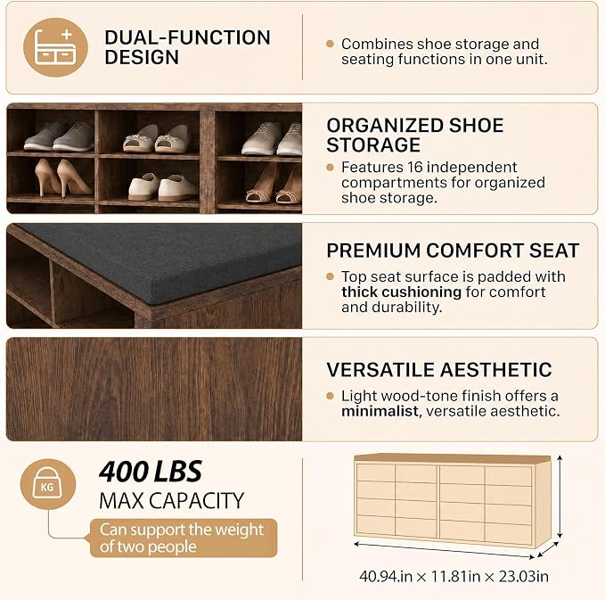 Shoe Rack Bench, Shoe Storage Bench with Cushion, Shoe Organizer 16 Cubbies for Entryway Hallway Bedroom Living Room, Holds Up to 400lbs