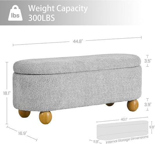 VKNOW 44.8" Storage Ottoman Bench End of Bed Bench, Thickened Upholstered Blanket Chest for Living Room, Entryway Bench with Cute Spherical Solid Wood Stool Legs for Bedroom, Grey