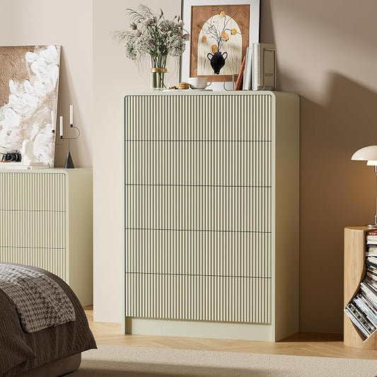 Furniway Bedroom Dresser Set 3 Piece, 5 Drawer Curved Dresser with 2 Nightstands, Modern Fluted Wood Storage Cabinet, White Chest of Drawers with Pop-Up Design, Beige