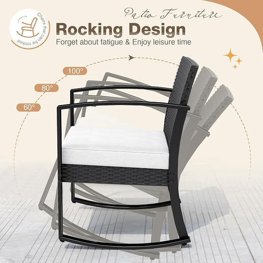 Greesum 3 Pieces Outdoor Furniture Set Patio Bistro Rocking Chairs with Glass Coffee Table for Pool Beach Backyard Balcony Porch Deck Garden, White