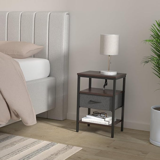 SUPERJARE Nightstand Set of 2, Bed Side Tables with Charging Station, Adjustable Fabric Drawer, Night Stand for Bedroom, 3-Tier Storage End Tables, Walnut