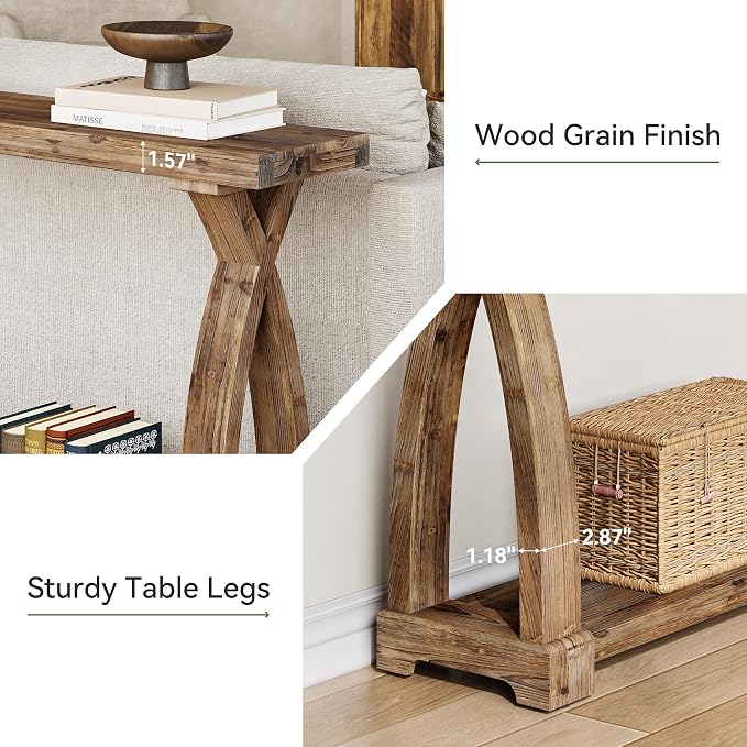 Solid Wood Console Table for Entryway, 63-Inch Narrow Farmhouse Couch Table Behind Sofa with 2-Tier Storage for Entrance, Foyer, Living Room, Long, Rustic Brown