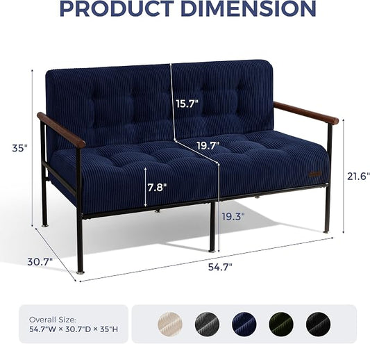 MAXYOYO Living Room Accent Chair, Loveseat Sofa Chair with Sturdy Metal Frame & Wood Armrests, Button Tufted Upholstered Small Couch Modern Love Seat for Bedroom Office, Navy