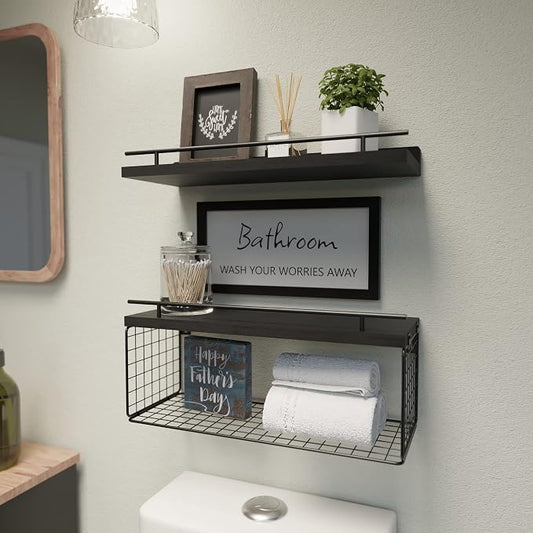 WOPITUES Floating Shelves for Wall Decor Sign, Bathroom Organizers and Storage, Bathroom Shelves Over Toilet with Metal Guardrail-Black