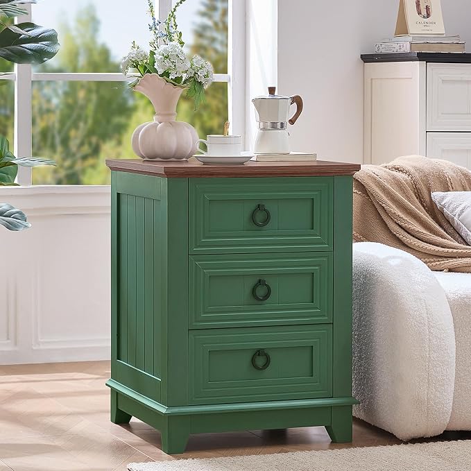 Joaxswe Farmhouse Night Stand Set of 2, 18" End Table with 3 Drawer Metal Handle, Sofa Bed Side Table Chest of Drawers,Wood Nightstand Cabinet for Organizer, Living Room-Green