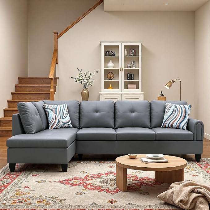 L-Shaped Sectional Sofa, Modern 4-Seat Couch with Left Facing Chaise, Leather Sectional Couch for Living Room, Apartment, Office, Dark Grey