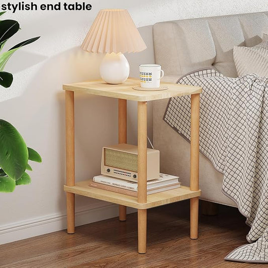Solid Wood Side Table, Small End Table, Narrow Nightstand Bedside Table | 2-Tiers Real Oak Wood Table for Small Spaces, Bedroom, Living Room, Farmhouse, No-Tool Assembly.