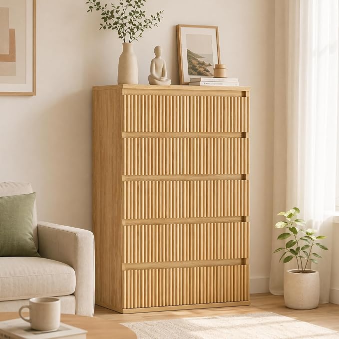 Jocoevol Fluted 6 Drawer Dresser for Bedroom, Modern Wood Chest of Drawers, Tall Storage Dresser with Deep Drawers, Handleless Floor-Standing Dresser for Bedroom, Living Room, Entryway, Natural Oak