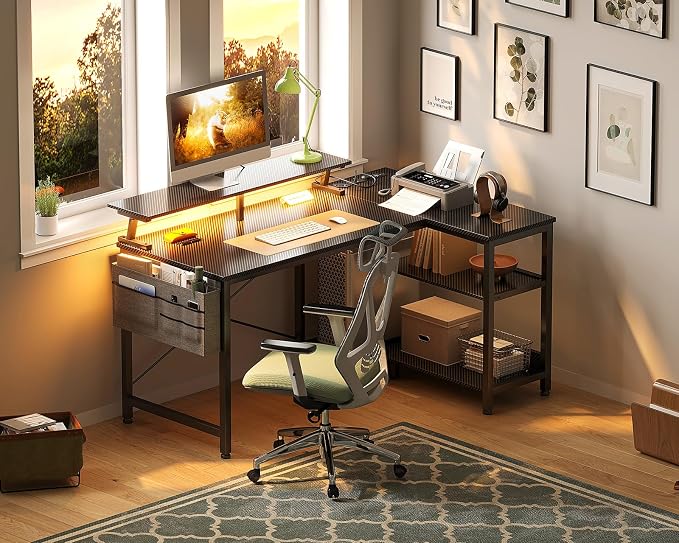 ODK 40 Inch Gaming Desk with USB Power Outlets and LED Lights, Reversible L Shaped Computer Desk with Storage Shelves & Monitor Stand, Corner Home Office Desk Table, Carbon Fiber Surface, Black