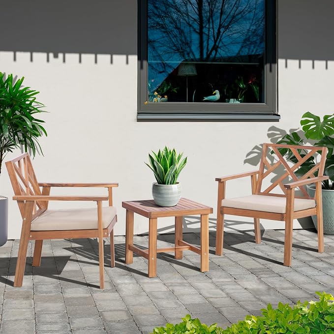 Werph 3-Piece Acacia Wood Outdoor Patio Furniture Set | Conversation Set with Padded Cushion Chairs and Coffee Table, for Porch Balcony Deck Backyard