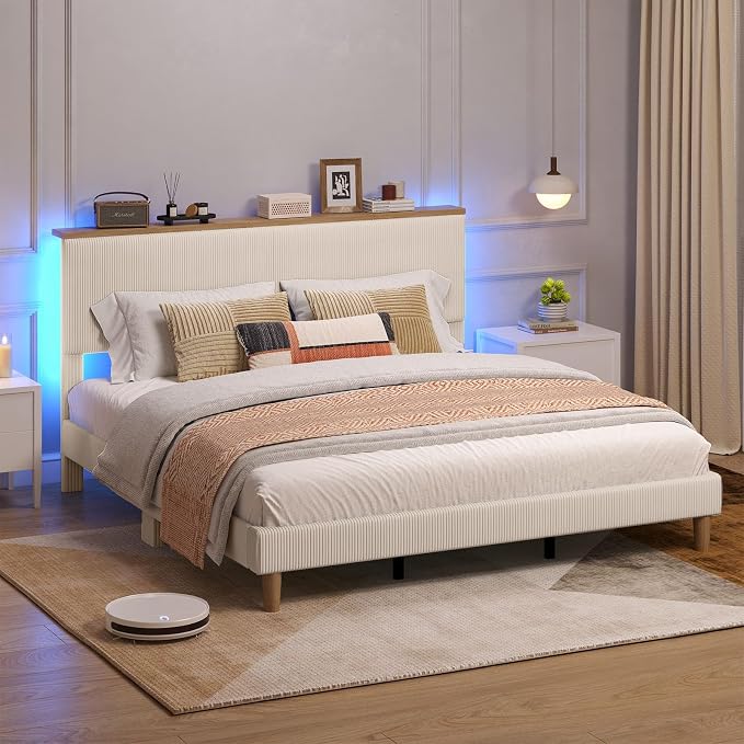 Bestier King Bed Frame with Adjustable Headboard & LEDLighting, Corduroy Upholstered Platform Bed Frame withStorage Shelf, Solid Wood Slats, No Box Spring Needed,Never Squeak, Easy Assembly, Beige