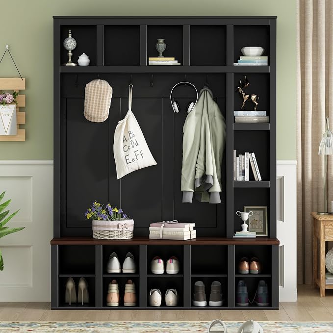Hall Tree with Bench and Shoe Storage,Shoe and Coat Rack with Drawer and Hooks,Farmhouse Furniture for Entryway,Mudroom,Living Room,Black (Black, 59.2")