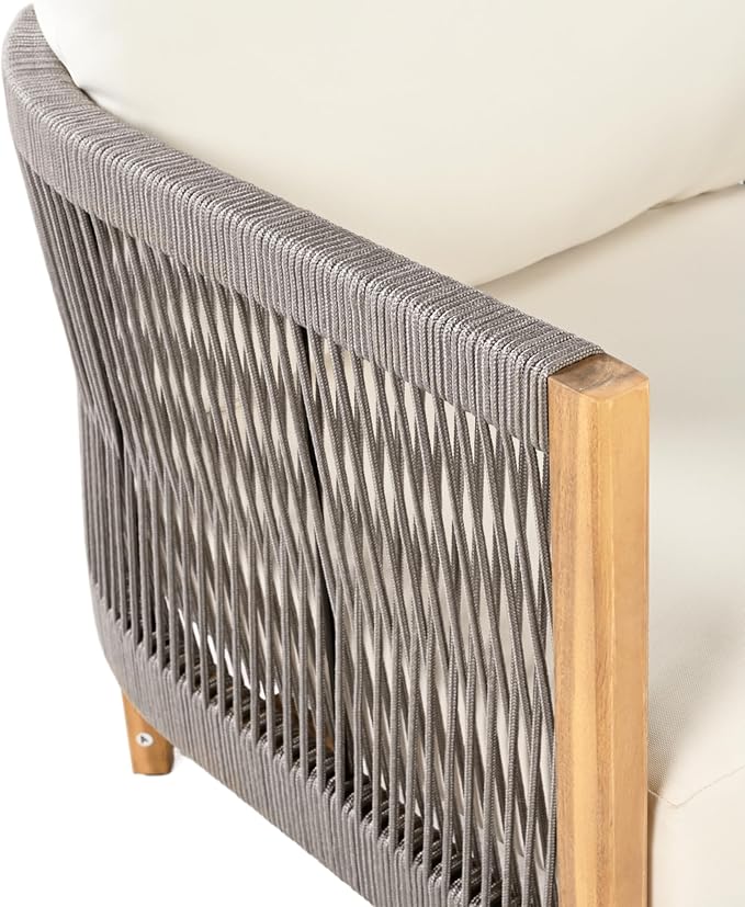 Christopher Knight Home Havets 5 Pieces Outdoor Acacia Furniture Set, Woven Rope Loveseat and Accent Club Chairs, 6" Thick Cushions Sofa and Coffee Table Set for Backyard Garden Balcony, Gray+Beige