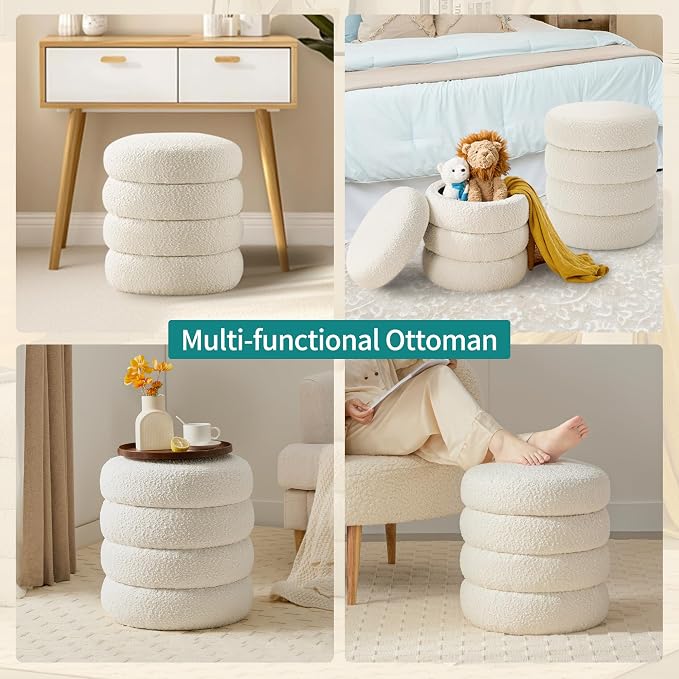 Busaurus Round Ottoman with Storage for Living Room Small Boucle Foot Stool Modern Upholstered Vanity Stool Ottoman Foot Rest for Dorm Corner Home Decor, Set of 1 (White)