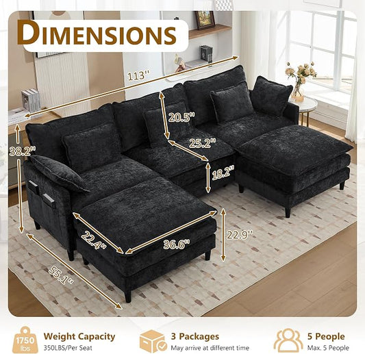 113" Chenille Modular Sectional Sofa, Convertible L Shaped Modular Sofa Comfy Cloud Couch with Ottoman, Side Pockets and 5 Throw Pillows for Living Room (Black, 113" - 5 Seats)