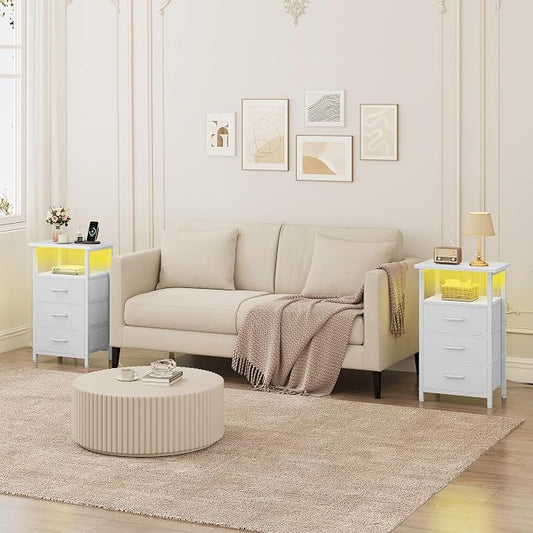 Vagusicc Night stand Set 2 with Charging Station, LED Nightstand for Bedroom, White Bedside Table with 3 Fabric Drawer, End Table Side Table with USB Ports & Outlets, Bed Side Table for Bedroom, White