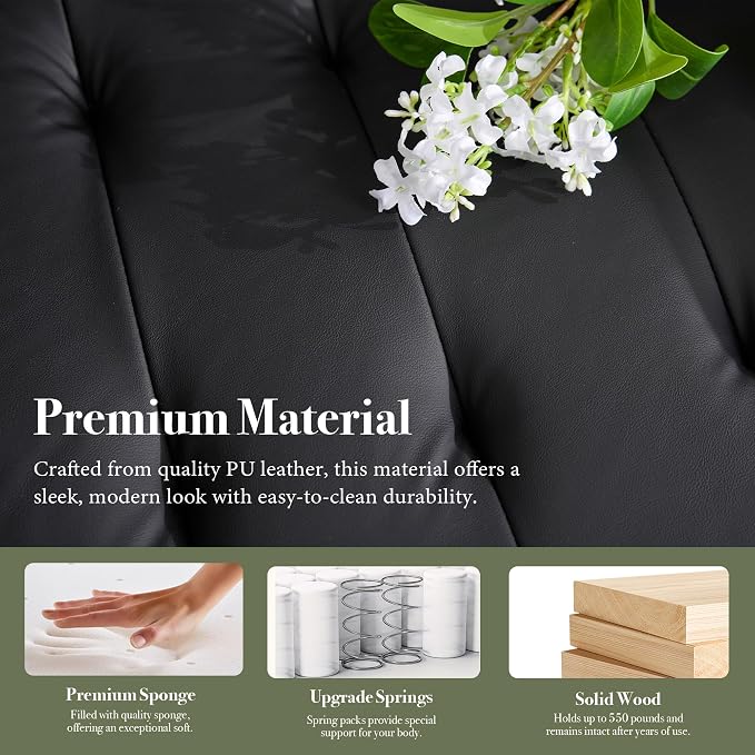 57” W Loveseat Sofa, Small Black Faux Leather Couch w/USB Charging Ports & Pockets, Mid Century Modern Tufted Love Seat Couches, Mini Office Sofa Couch for Small Spaces, Bedroom, Apartment