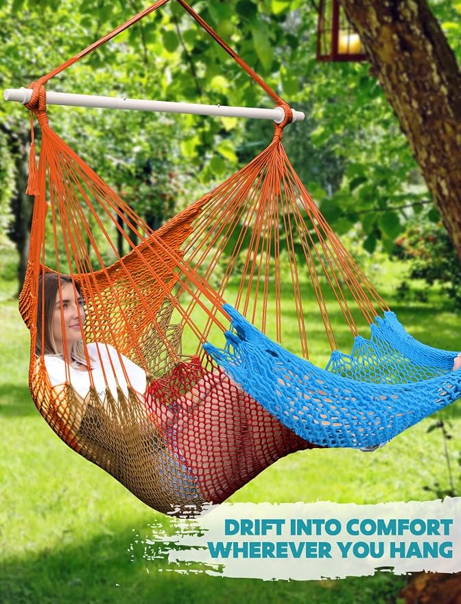 Chihee Handwoven Cotton Hammock Chair Large Hanging Rope Chair 7.9ft with Detachable Strong Metal Spreader Bar, Breathable Net Swing Seat Color Blocking, Portable with Carry Bag, Indoor Outdoor Use