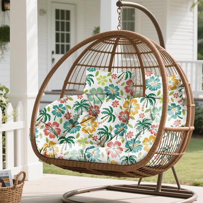 Double Egg Chair Cushion Replacement Waterproof for Outdoor Patio Hanging Basket Egg Couch, 59x43-Inch Thickened Cotton Large Double Eggs Swing Chair Cushions, Green Coconut Tree1#