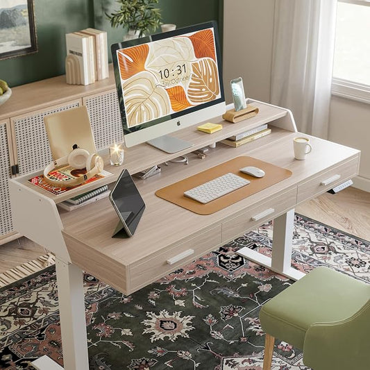 CubiCubi Standing Desk 55x26 Inches with 3 Wood Drawers and Monitor Shelf, Ergonomic Rising Home Office Desks, Height Adjustable Computer Desk, Sit Stand Up Electric Workstation Table, Pale Walnut