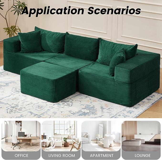HOMREST 102" Cloud Couch Sectional, L Shaped Modern Sofa with Ottoman, Comfy Corduroy Fabric Modular Sectional Sofa in a Box, Boneless Couches for Living Room, No Assembly Required (Green)