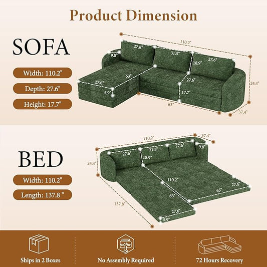 Vesgantti 6 in 1 Convertible Folding Sleeper Sofa Bed, 110.2" Modular Sectional Sofa with Curved Armrest, Chenille Boneless Couch for Living Room, No Assembly Required, Green, Left Facing Chaise